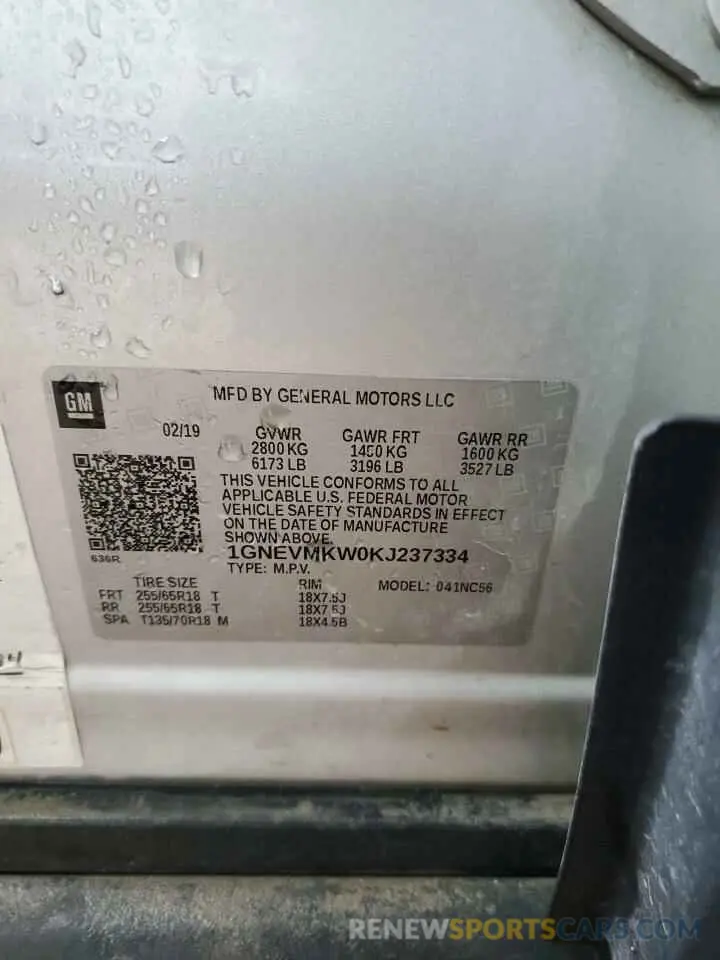 13 Photograph of a damaged car 1GNEVMKW0KJ237334 CHEVROLET TRAVERSE 2019