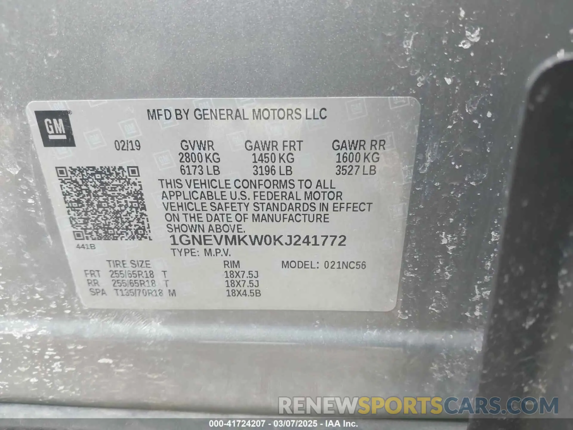 9 Photograph of a damaged car 1GNEVMKW0KJ241772 CHEVROLET TRAVERSE 2019