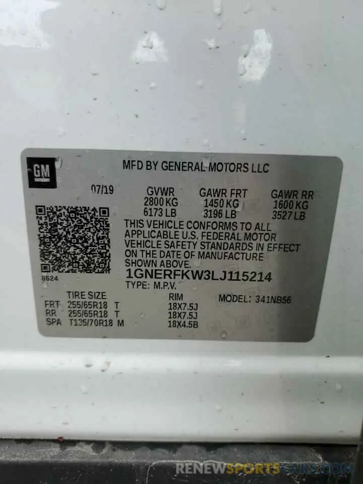 14 Photograph of a damaged car 1GNERFKW3LJ115214 CHEVROLET TRAVERSE 2020