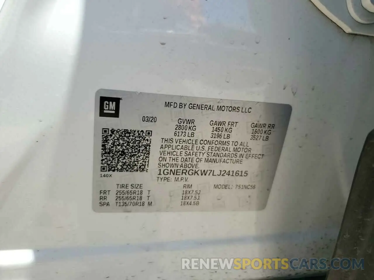13 Photograph of a damaged car 1GNERGKW7LJ241615 CHEVROLET TRAVERSE 2020