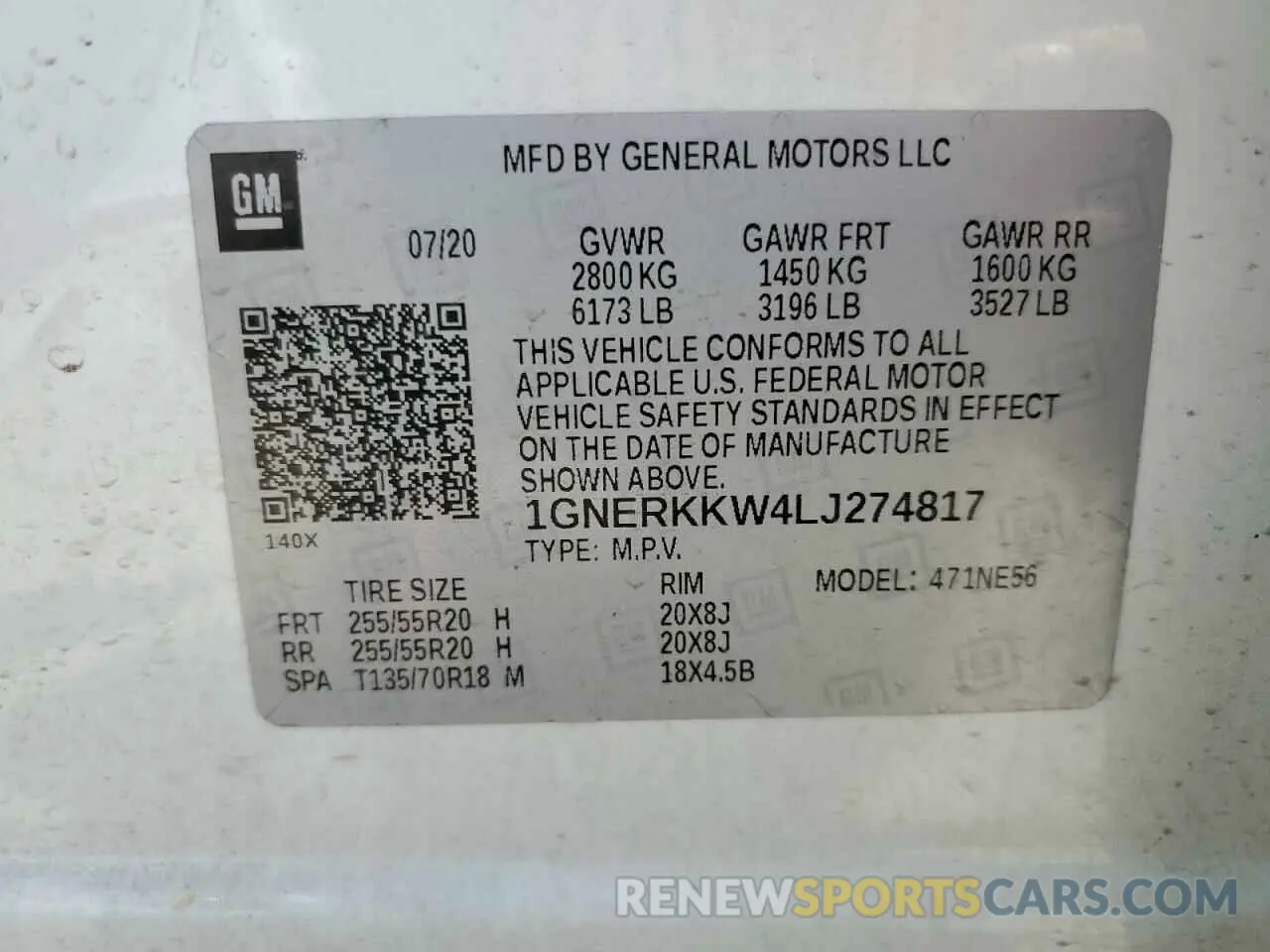 13 Photograph of a damaged car 1GNERKKW4LJ274817 CHEVROLET TRAVERSE 2020