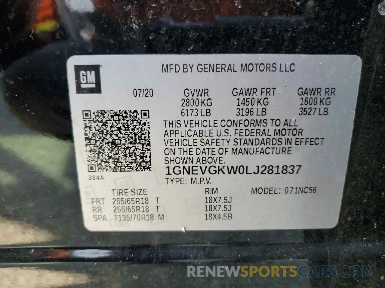 13 Photograph of a damaged car 1GNEVGKW0LJ281837 CHEVROLET TRAVERSE 2020