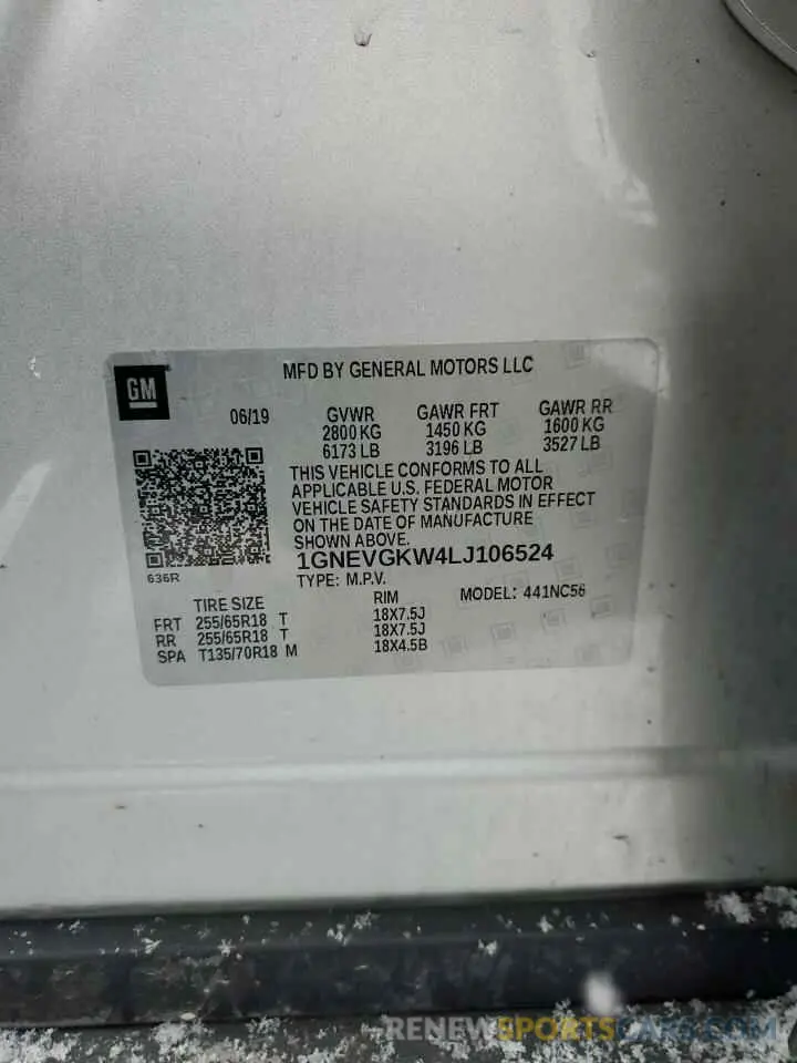 14 Фотография поврежденного автомобиля 1GNEVGKW4LJ106524 CHEVROLET TRAVERSE 2020