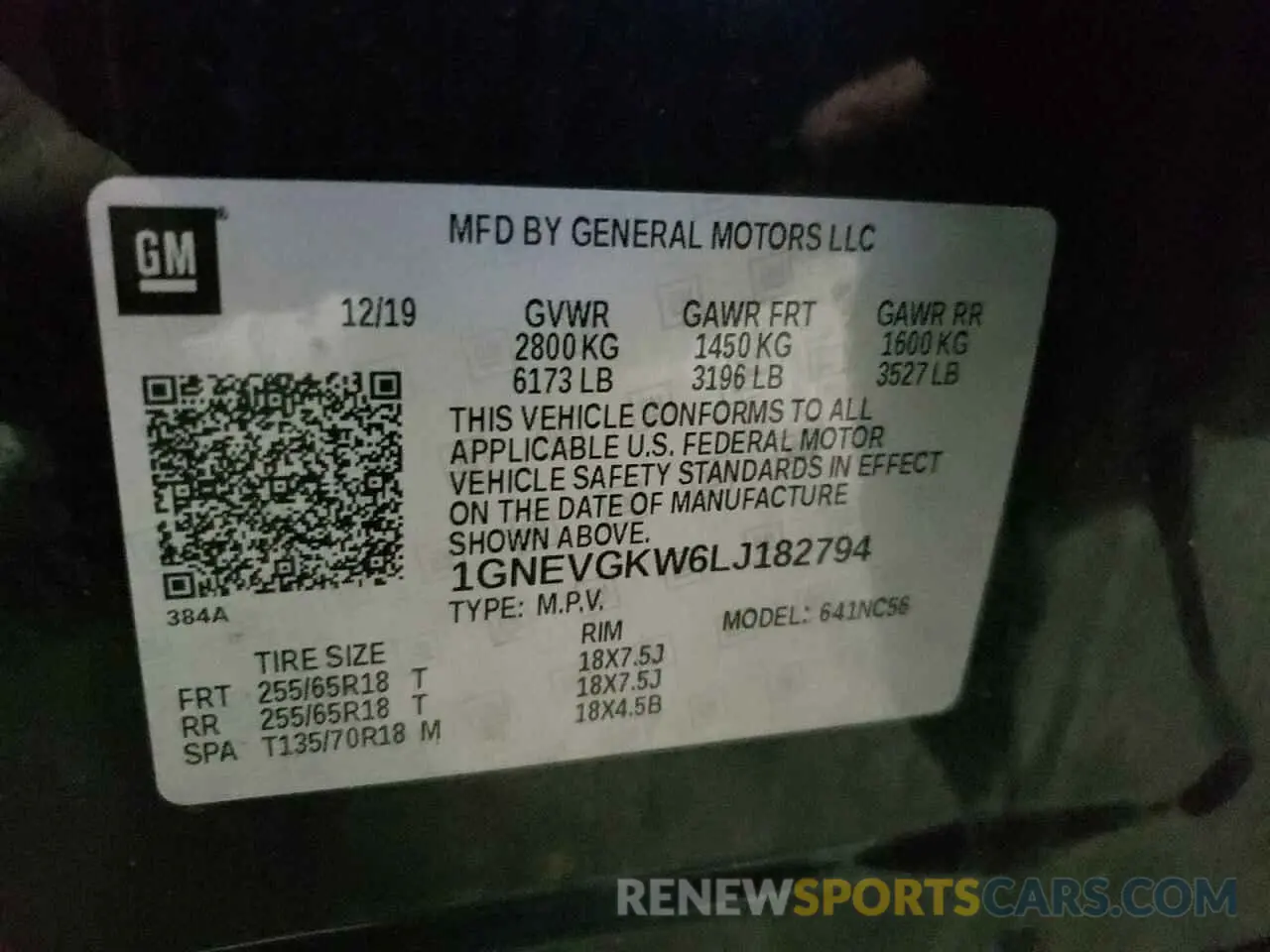 13 Photograph of a damaged car 1GNEVGKW6LJ182794 CHEVROLET TRAVERSE 2020