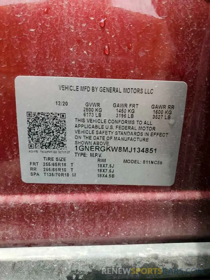 13 Фотография поврежденного автомобиля 1GNERGKW8MJ134851 CHEVROLET TRAVERSE 2021