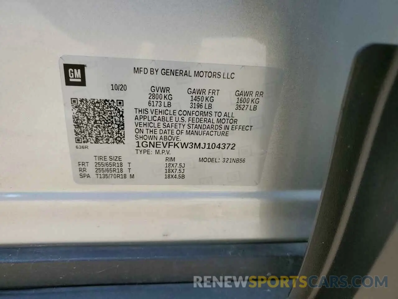 13 Photograph of a damaged car 1GNEVFKW3MJ104372 CHEVROLET TRAVERSE 2021