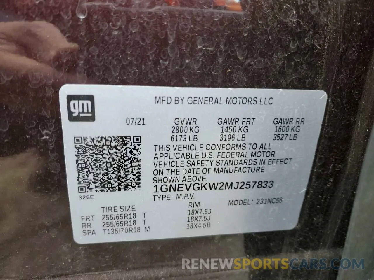 13 Фотография поврежденного автомобиля 1GNEVGKW2MJ257833 CHEVROLET TRAVERSE 2021