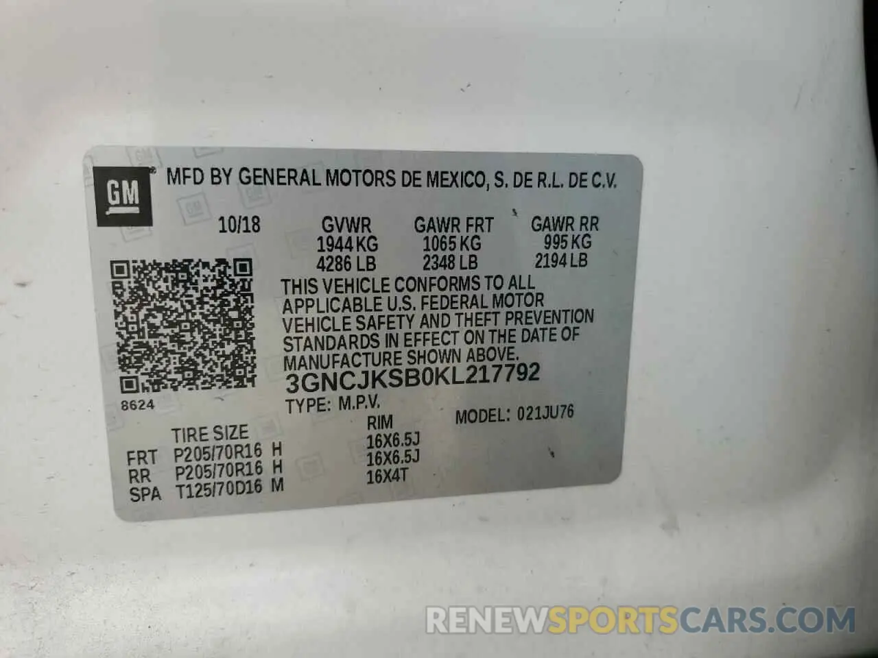 13 Фотография поврежденного автомобиля 3GNCJKSB0KL217792 CHEVROLET TRAX 2019