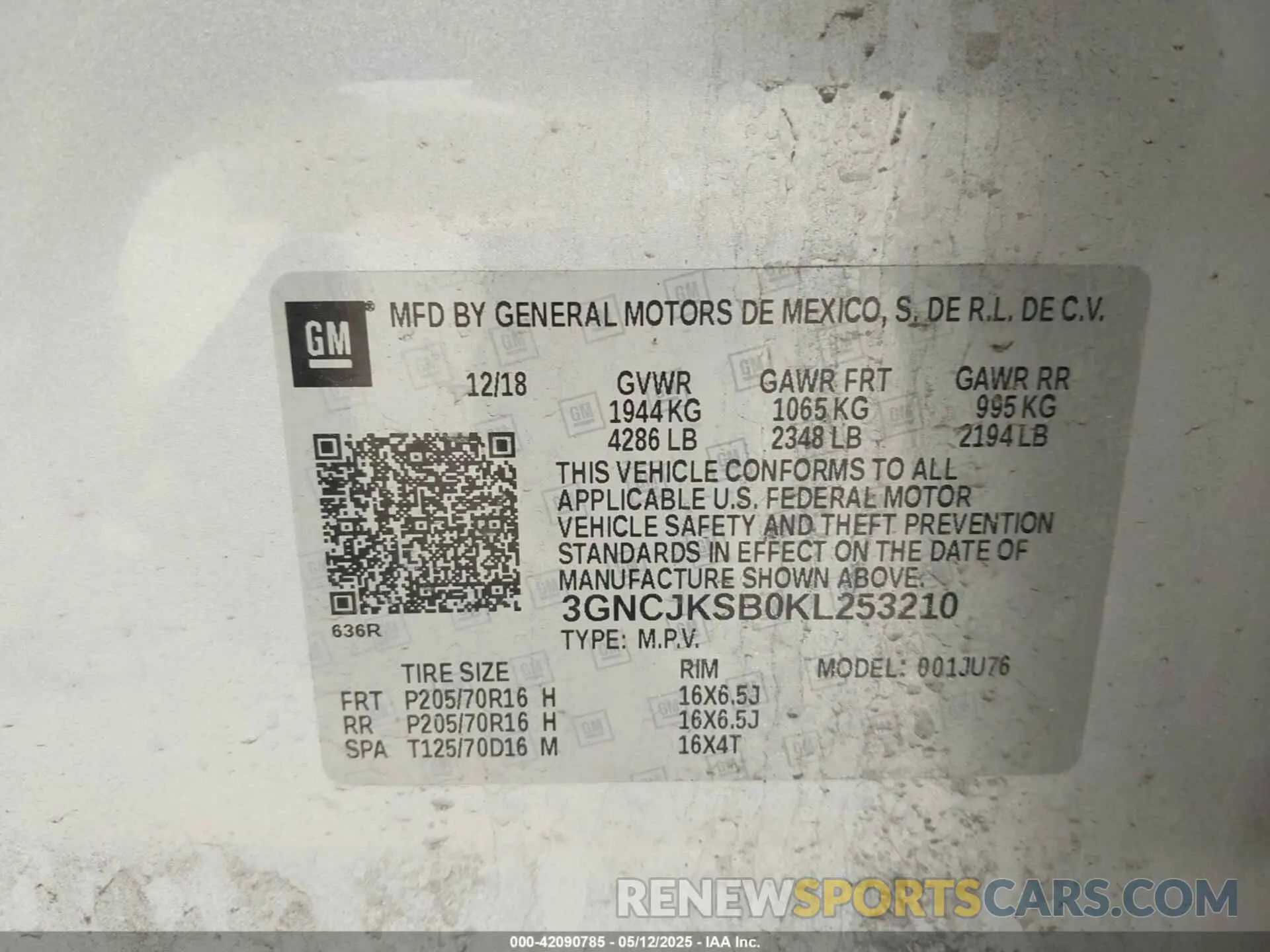 9 Photograph of a damaged car 3GNCJKSB0KL253210 CHEVROLET TRAX 2019