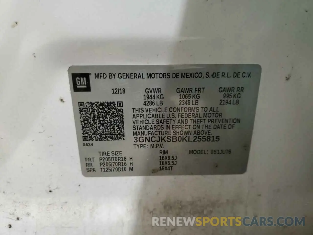 13 Photograph of a damaged car 3GNCJKSB0KL255815 CHEVROLET TRAX 2019