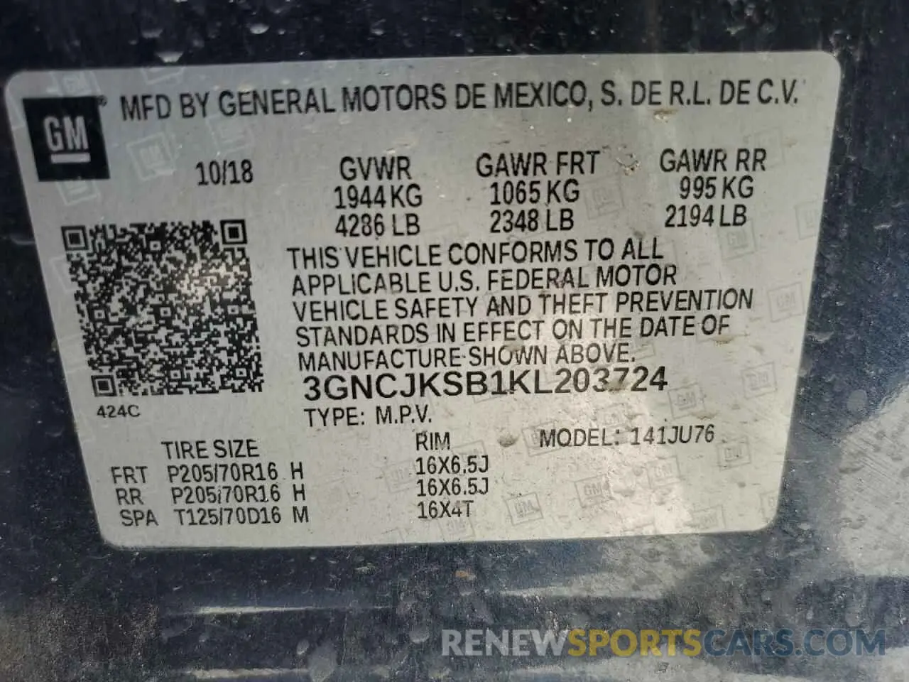 16 Photograph of a damaged car 3GNCJKSB1KL203724 CHEVROLET TRAX 2019