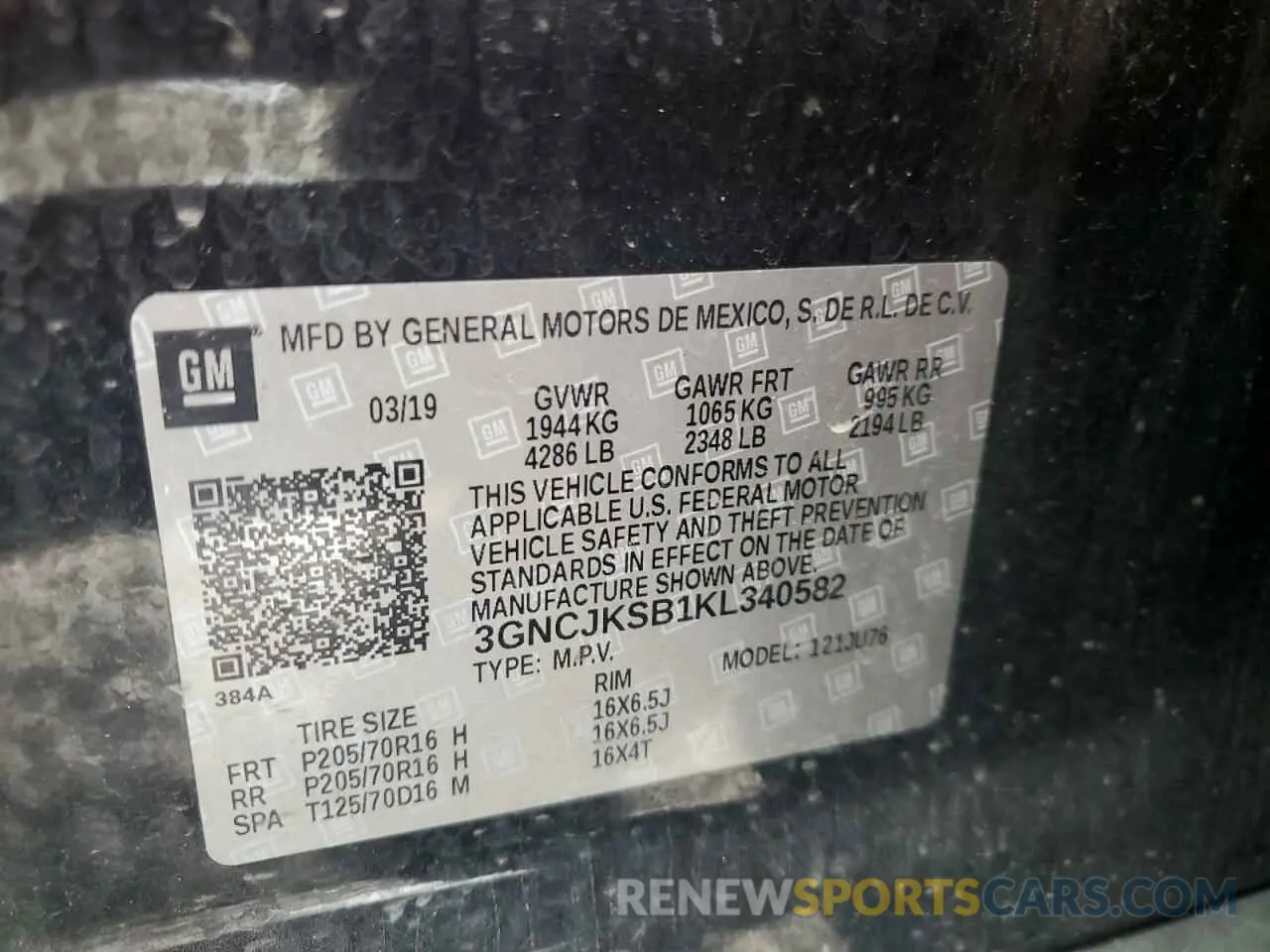13 Фотография поврежденного автомобиля 3GNCJKSB1KL340582 CHEVROLET TRAX 2019