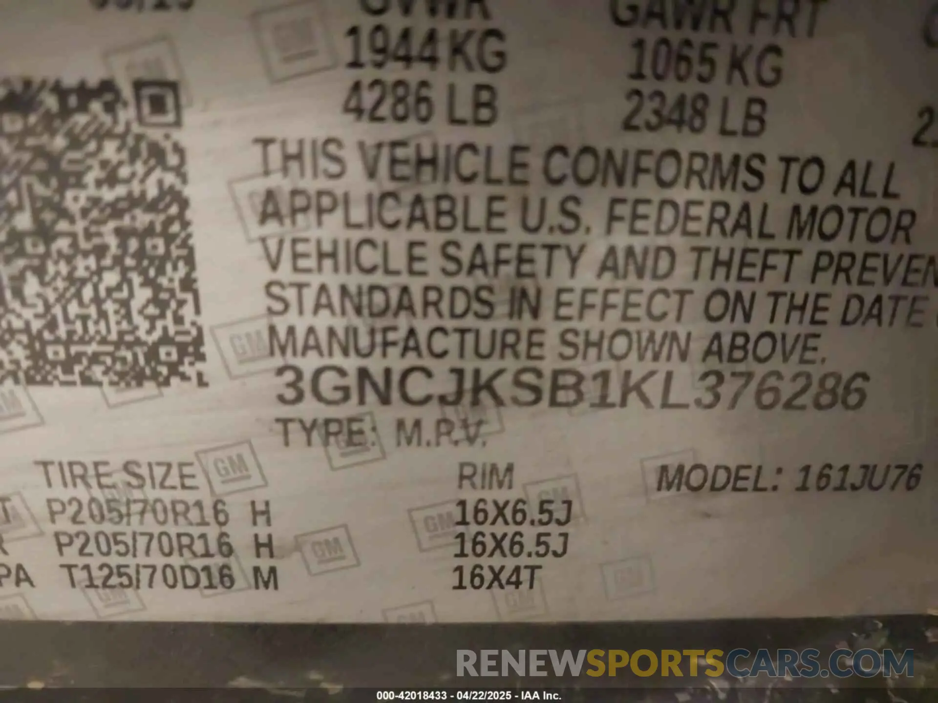 9 Фотография поврежденного автомобиля 3GNCJKSB1KL376286 CHEVROLET TRAX 2019