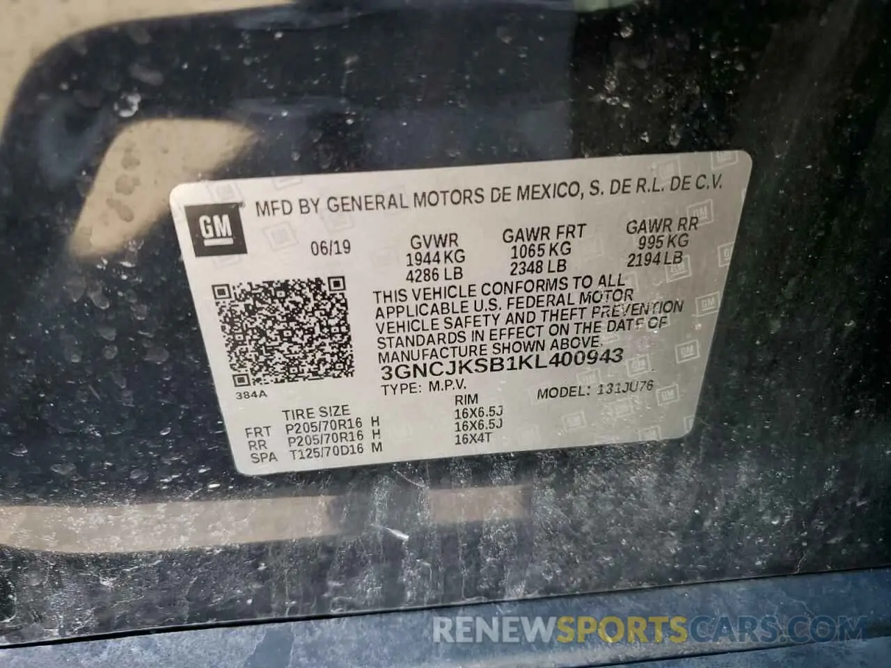 15 Photograph of a damaged car 3GNCJKSB1KL400943 CHEVROLET TRAX 2019