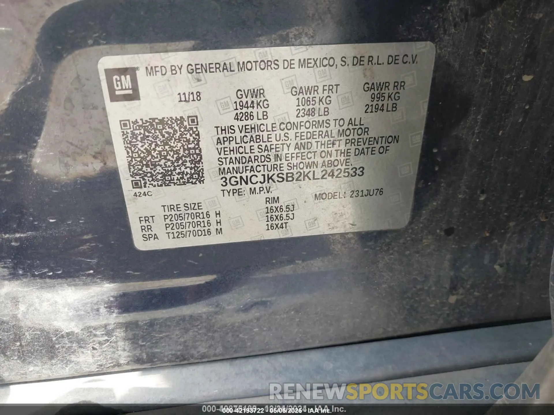 9 Фотография поврежденного автомобиля 3GNCJKSB2KL242533 CHEVROLET TRAX 2019
