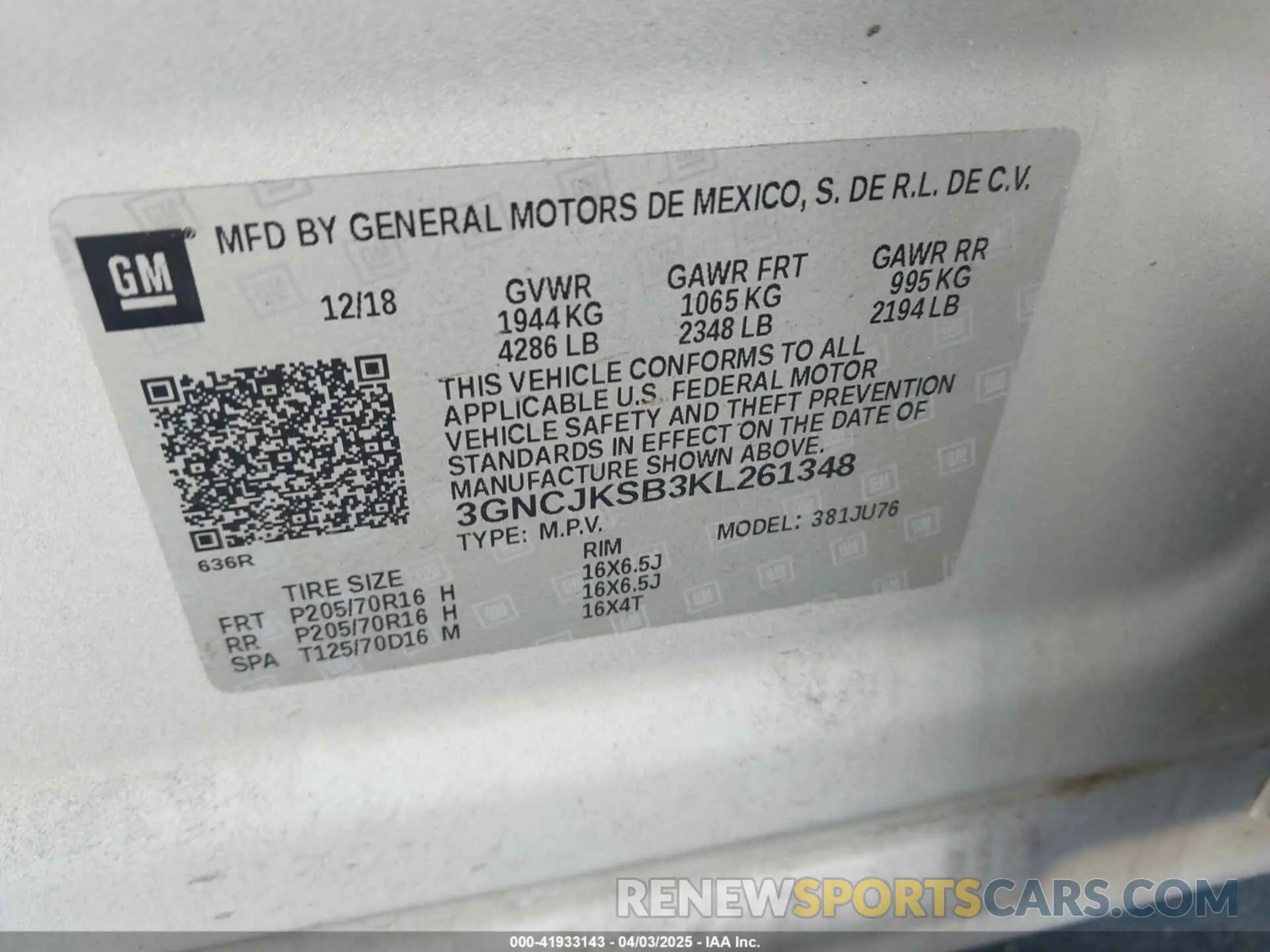 9 Фотография поврежденного автомобиля 3GNCJKSB3KL261348 CHEVROLET TRAX 2019