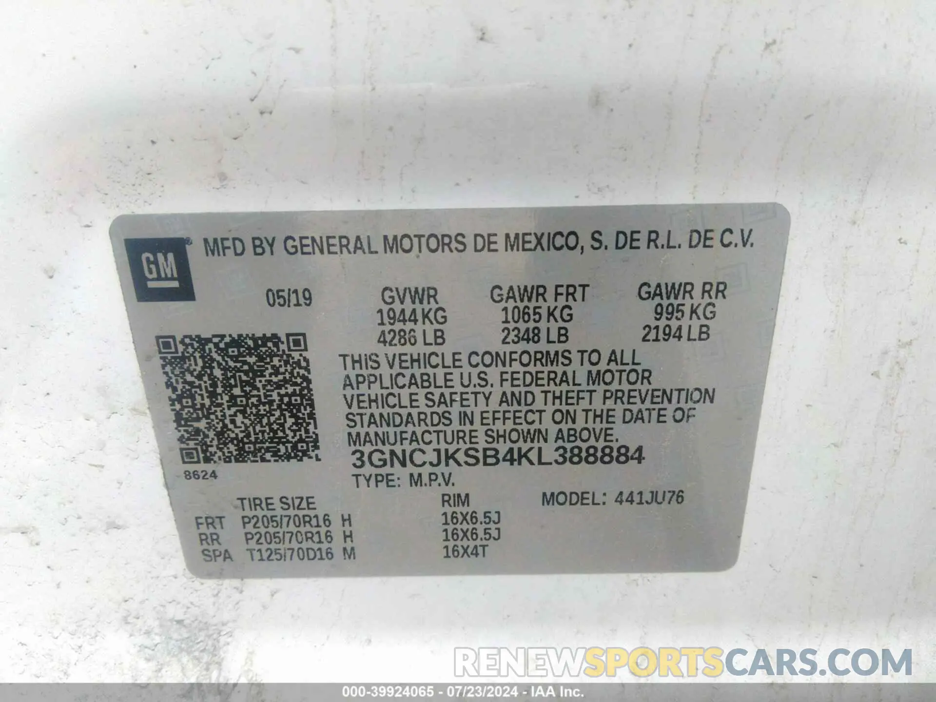 9 Фотография поврежденного автомобиля 3GNCJKSB4KL388884 CHEVROLET TRAX 2019