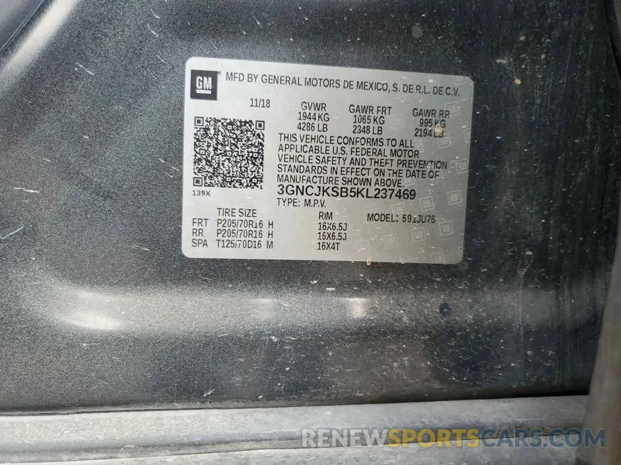 13 Photograph of a damaged car 3GNCJKSB5KL237469 CHEVROLET TRAX 2019