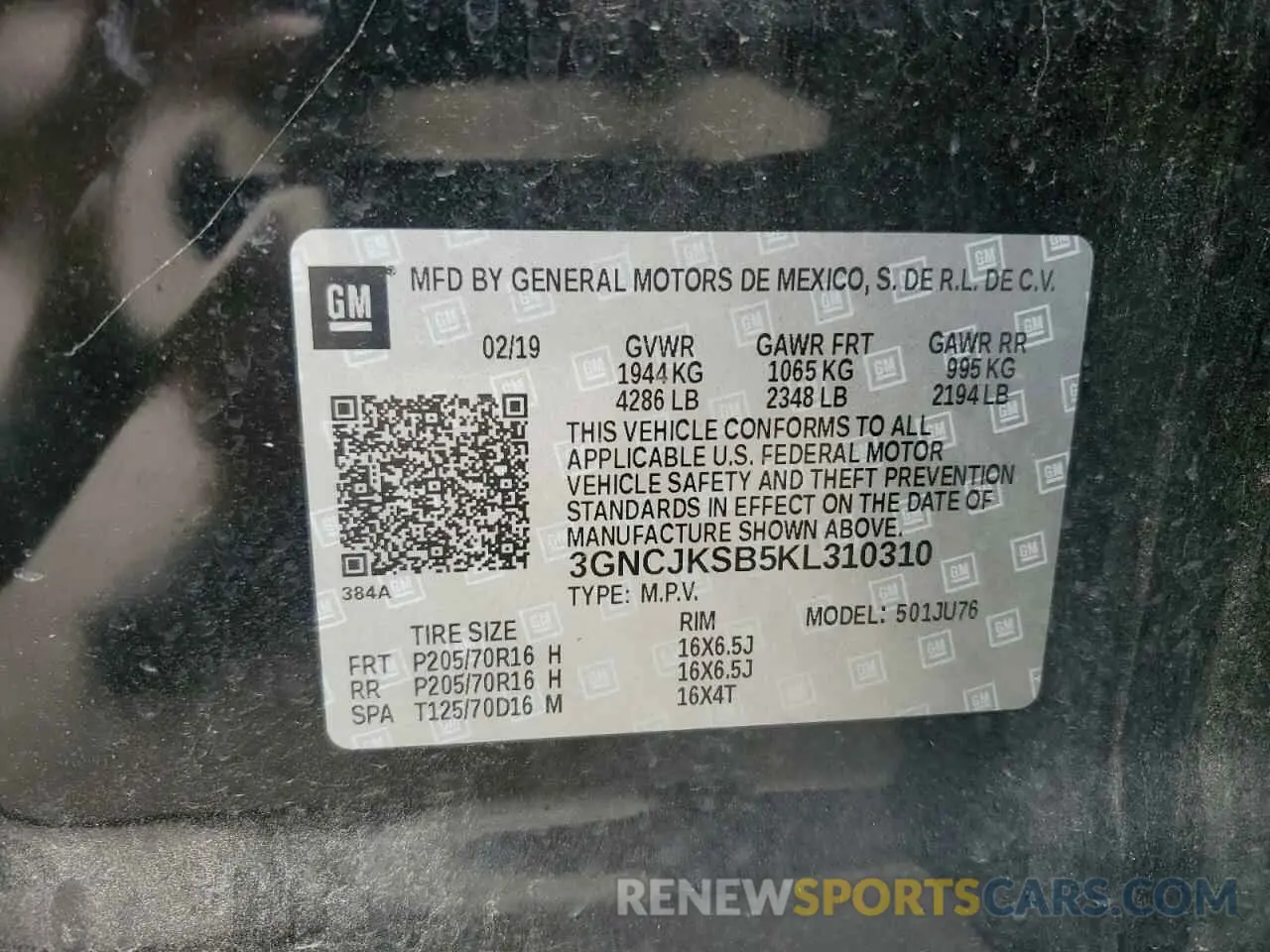 13 Photograph of a damaged car 3GNCJKSB5KL310310 CHEVROLET TRAX 2019
