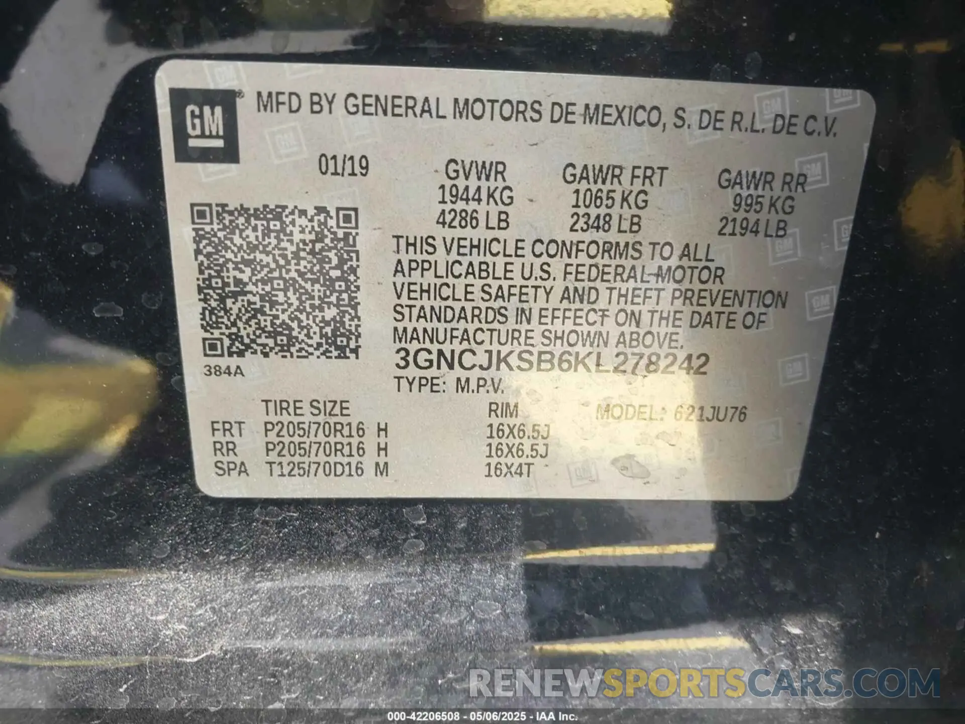 9 Photograph of a damaged car 3GNCJKSB6KL278242 CHEVROLET TRAX 2019