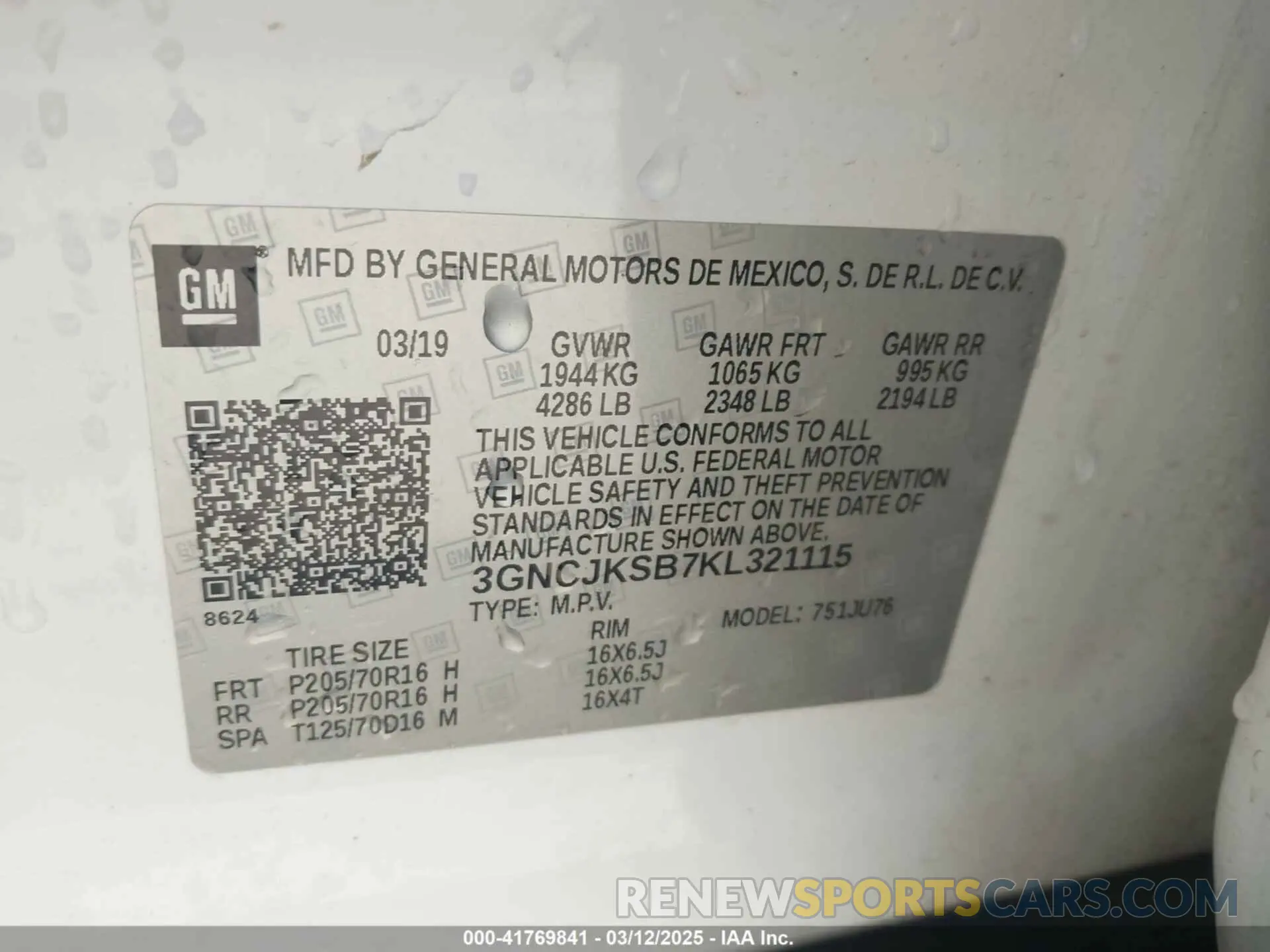 9 Фотография поврежденного автомобиля 3GNCJKSB7KL321115 CHEVROLET TRAX 2019