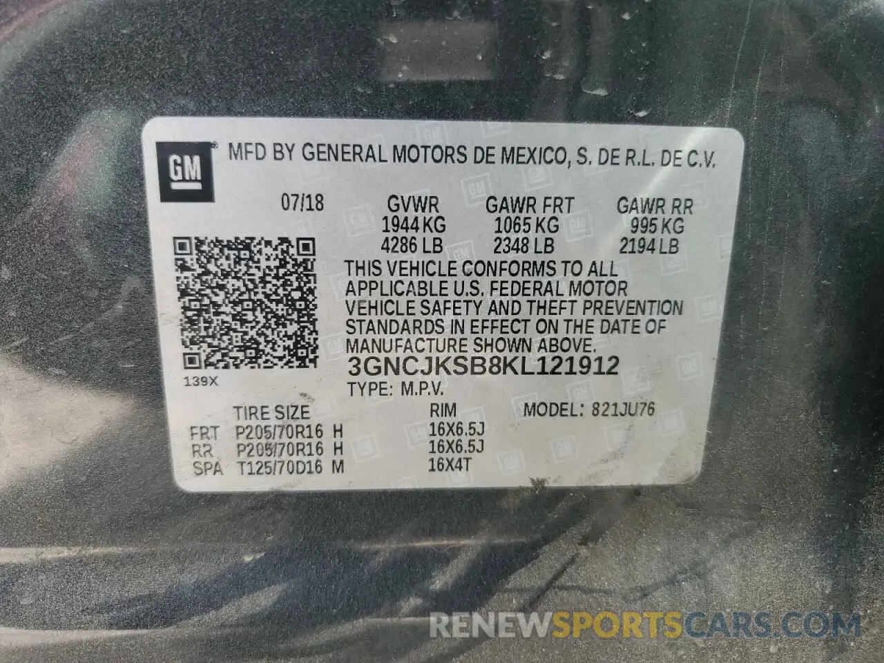 13 Photograph of a damaged car 3GNCJKSB8KL121912 CHEVROLET TRAX 2019