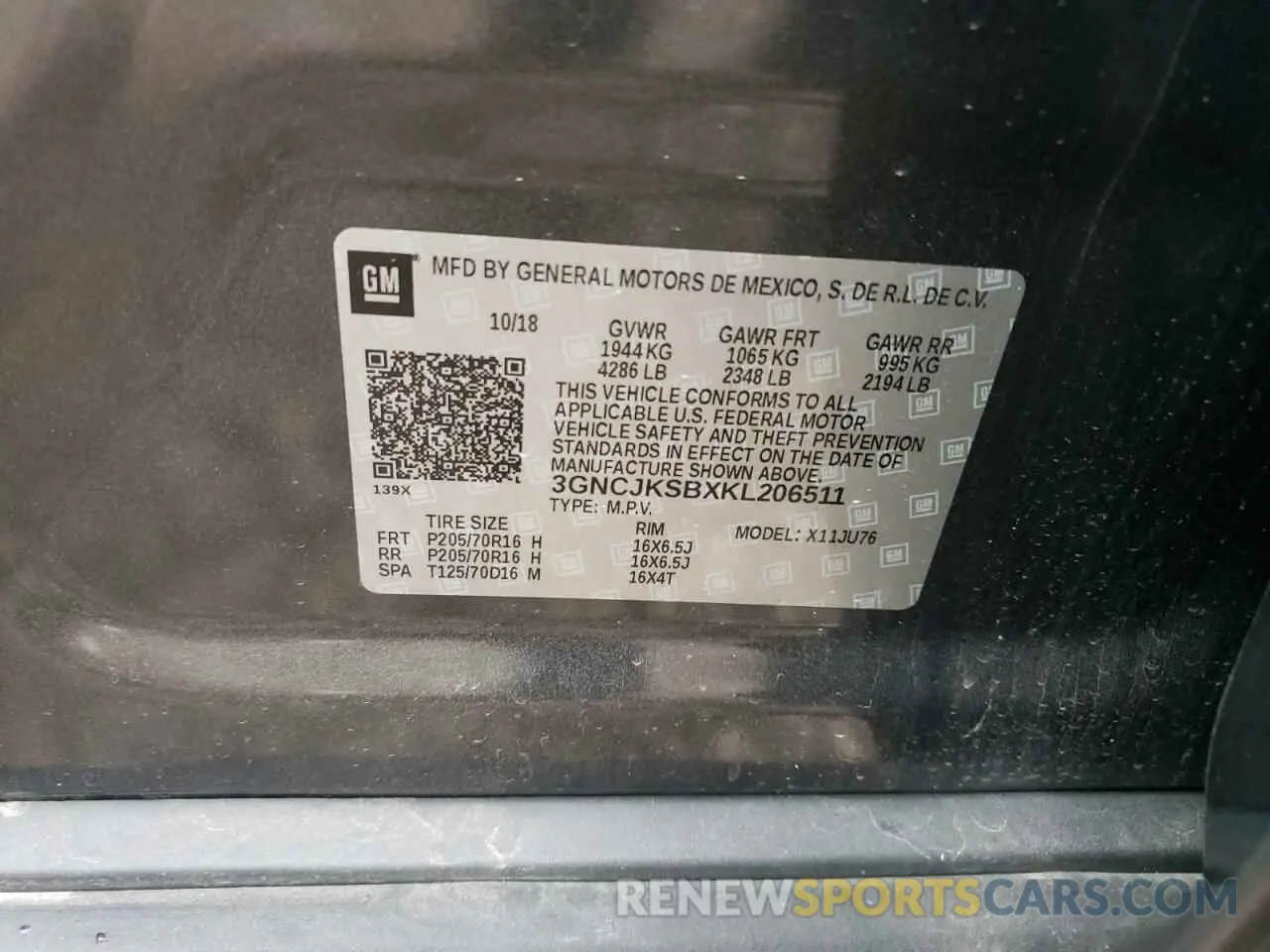 14 Photograph of a damaged car 3GNCJKSBXKL206511 CHEVROLET TRAX 2019