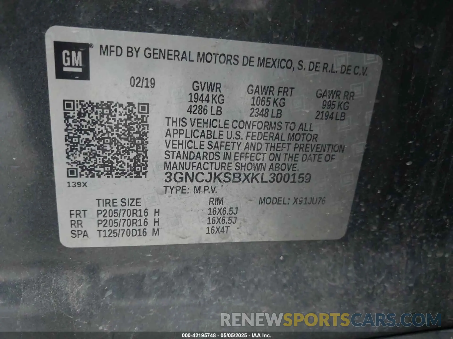 9 Фотография поврежденного автомобиля 3GNCJKSBXKL300159 CHEVROLET TRAX 2019