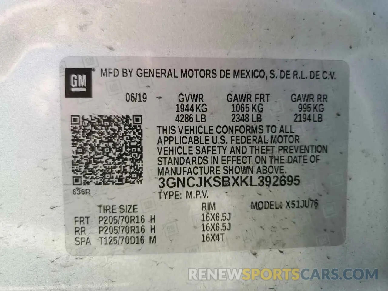 13 Фотография поврежденного автомобиля 3GNCJKSBXKL392695 CHEVROLET TRAX 2019