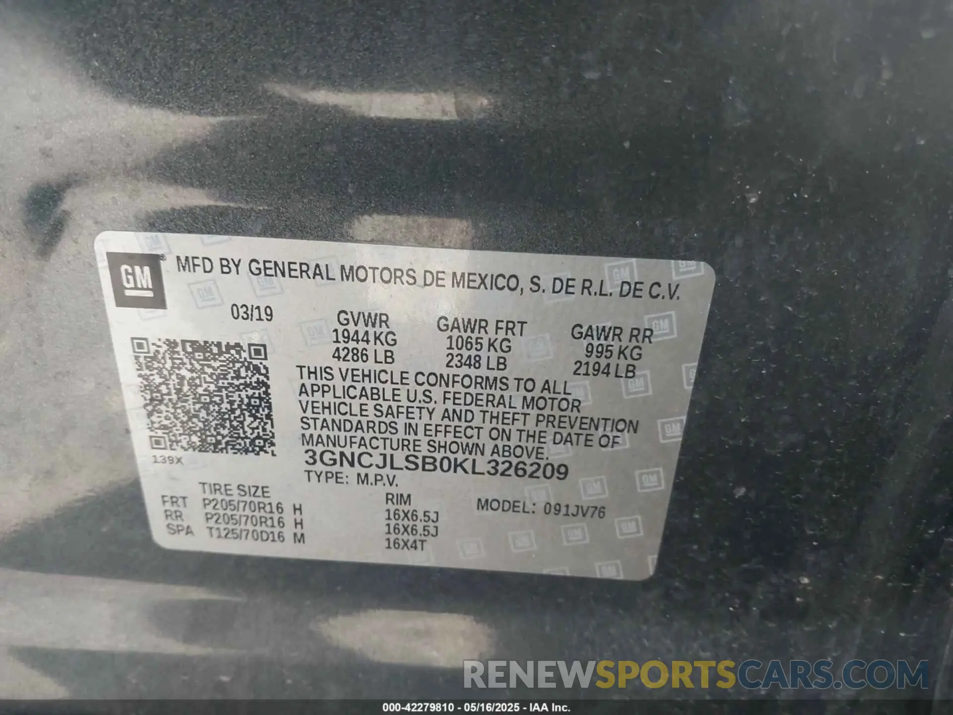9 Photograph of a damaged car 3GNCJLSB0KL326209 CHEVROLET TRAX 2019