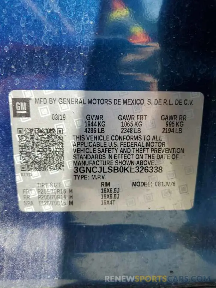 12 Photograph of a damaged car 3GNCJLSB0KL326338 CHEVROLET TRAX 2019