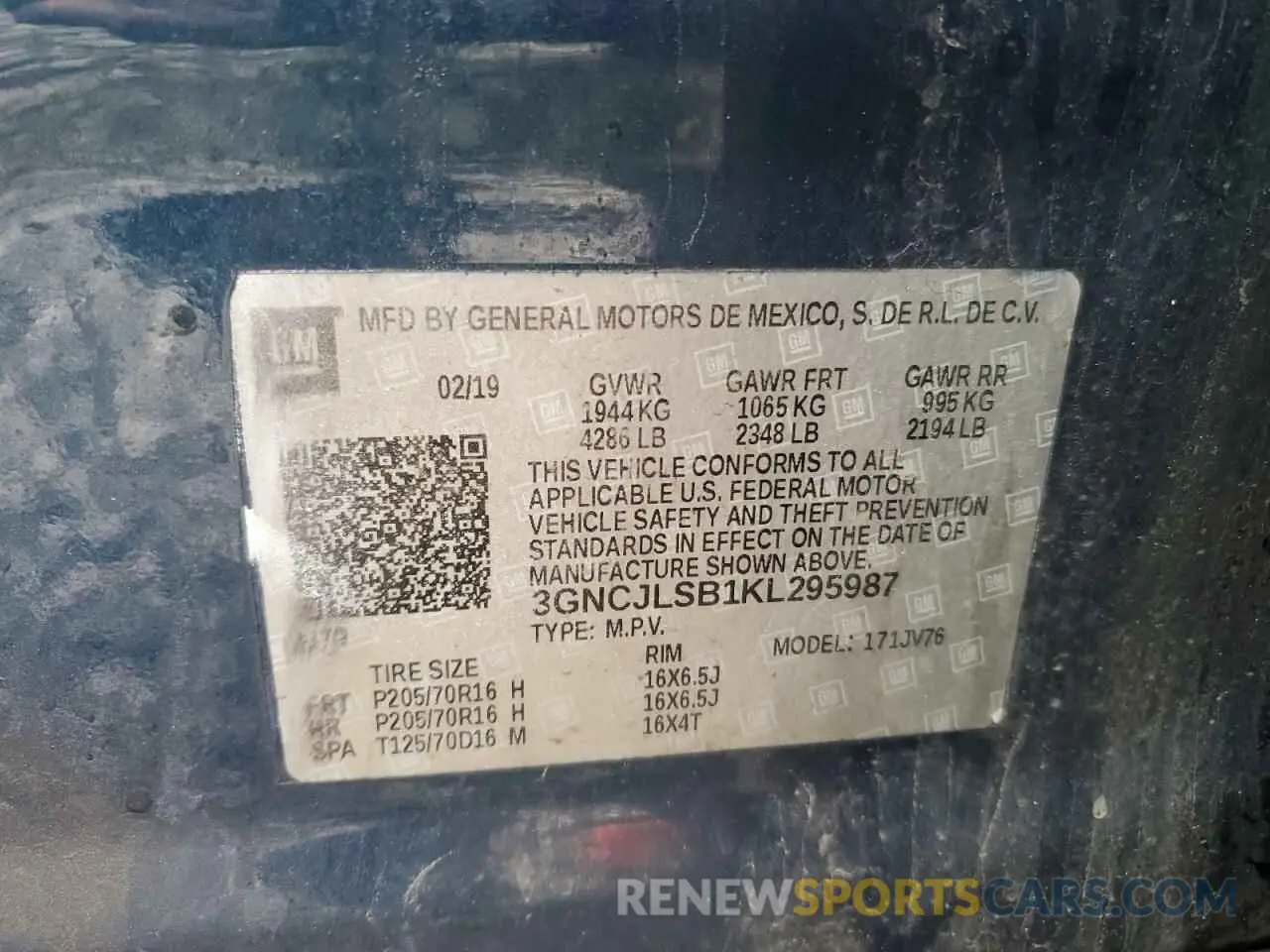 13 Фотография поврежденного автомобиля 3GNCJLSB1KL295987 CHEVROLET TRAX 2019