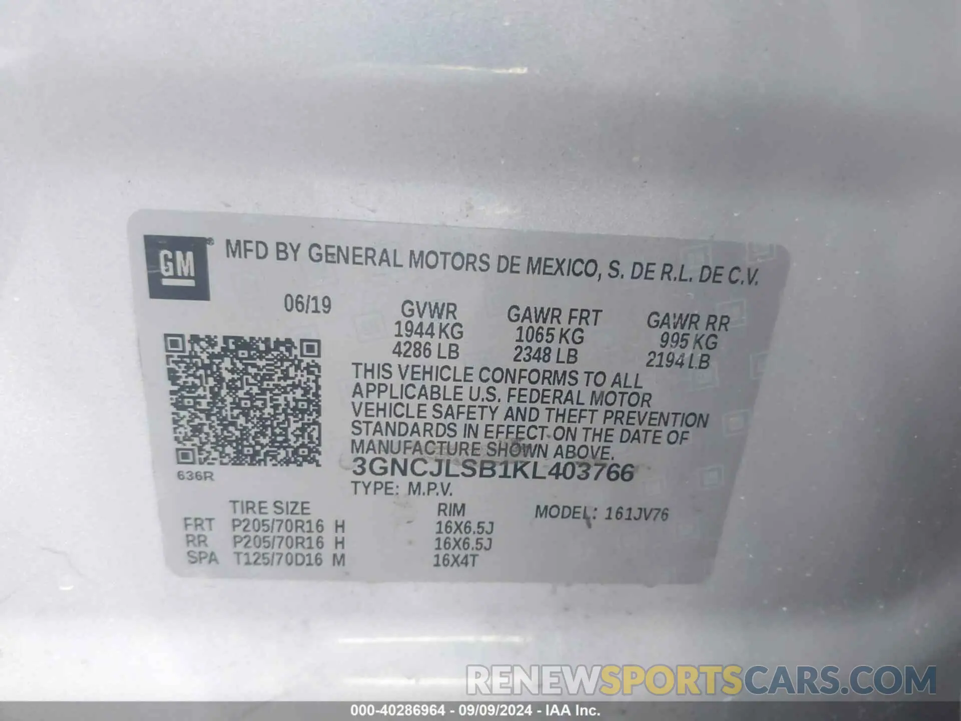9 Фотография поврежденного автомобиля 3GNCJLSB1KL403766 CHEVROLET TRAX 2019