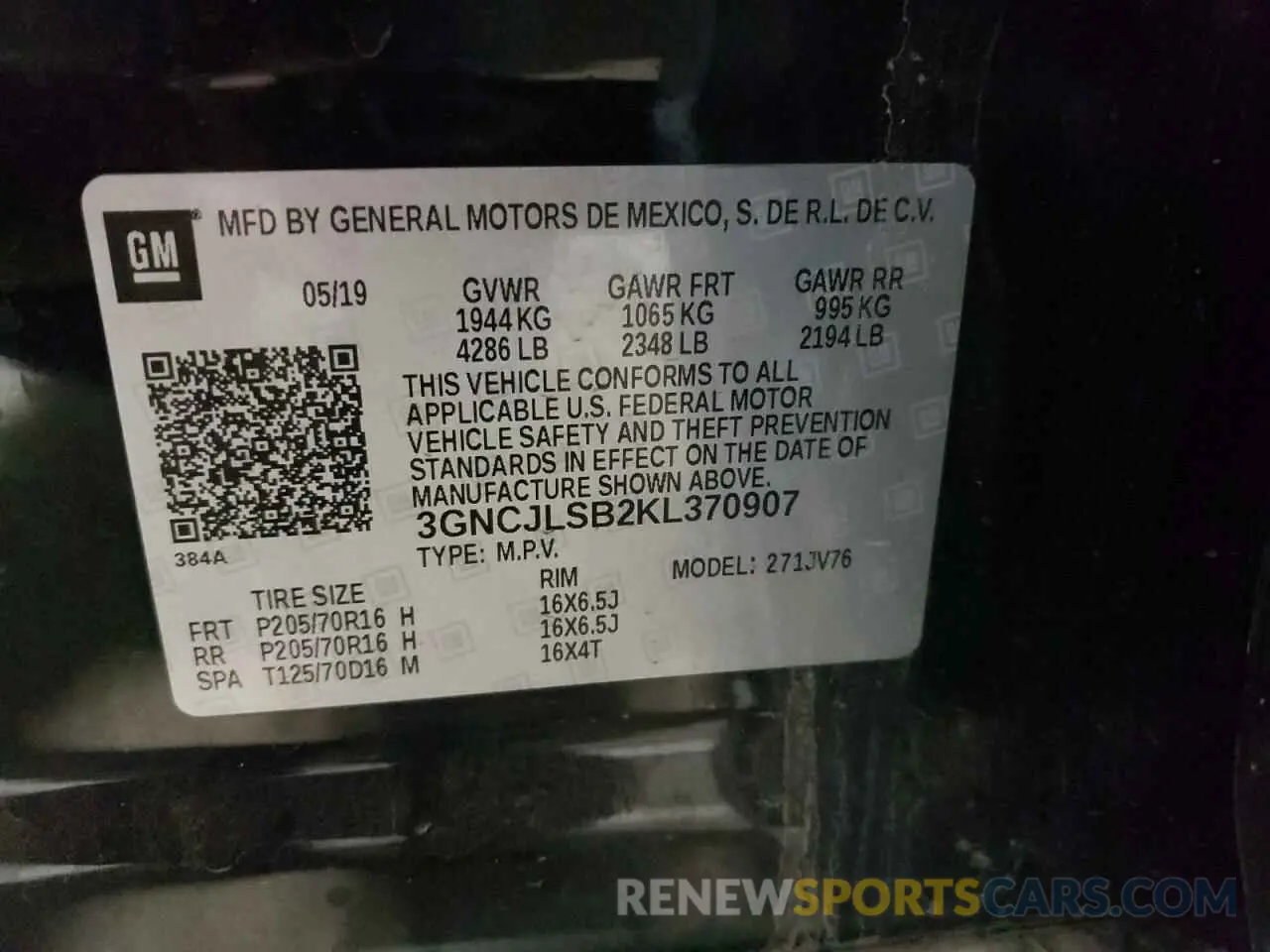 13 Photograph of a damaged car 3GNCJLSB2KL370907 CHEVROLET TRAX 2019
