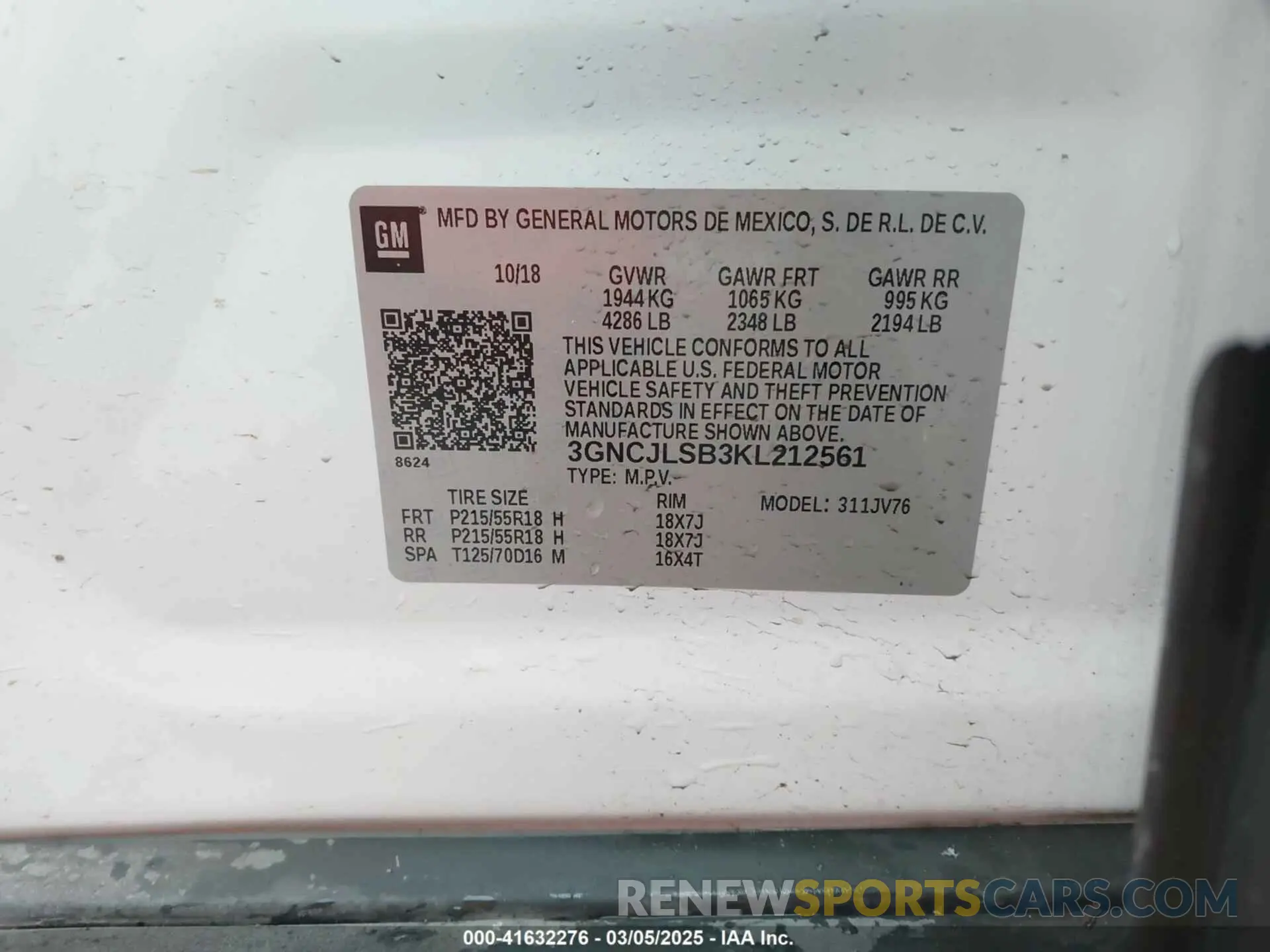 9 Photograph of a damaged car 3GNCJLSB3KL212561 CHEVROLET TRAX 2019