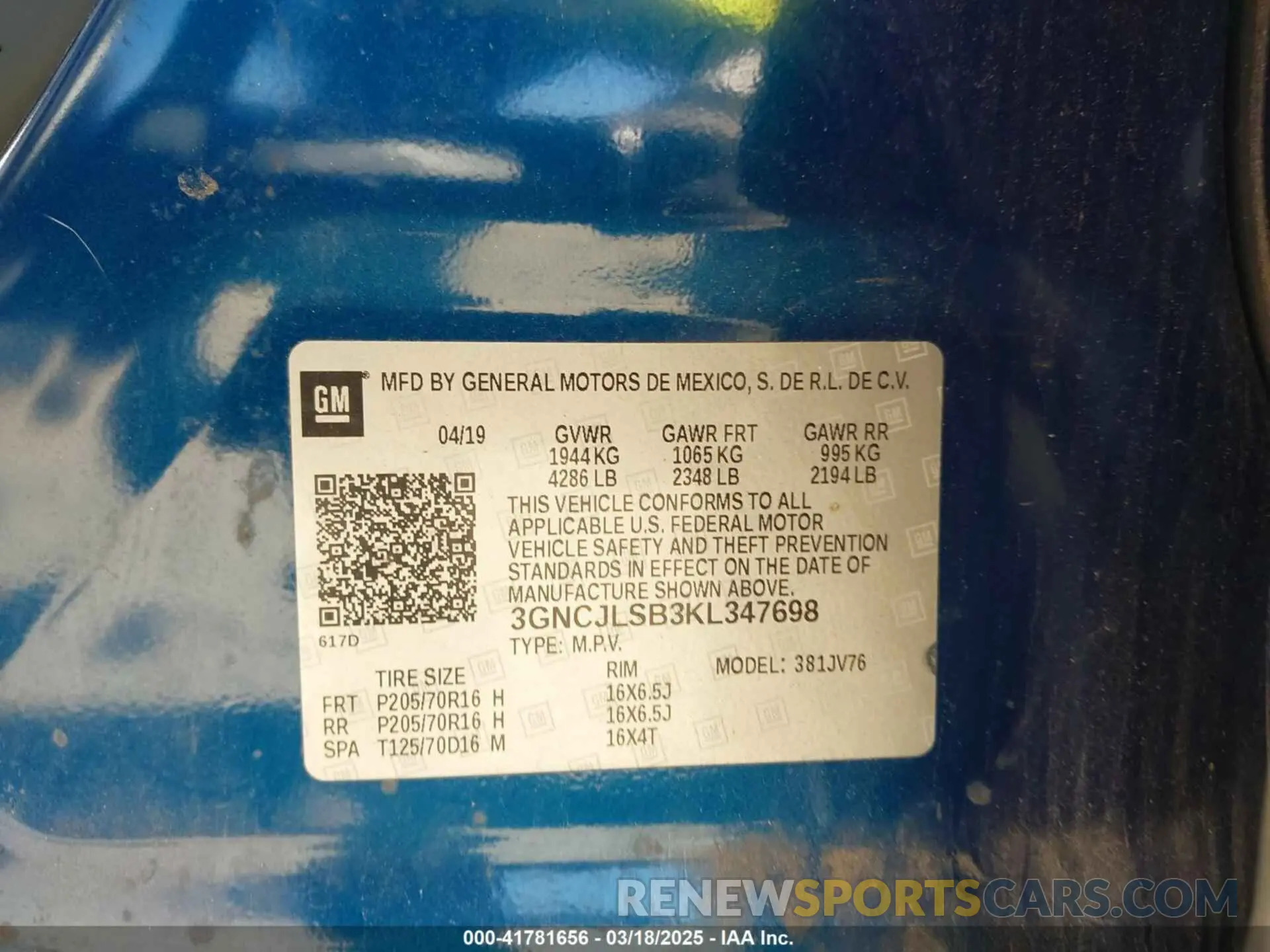 9 Photograph of a damaged car 3GNCJLSB3KL347698 CHEVROLET TRAX 2019
