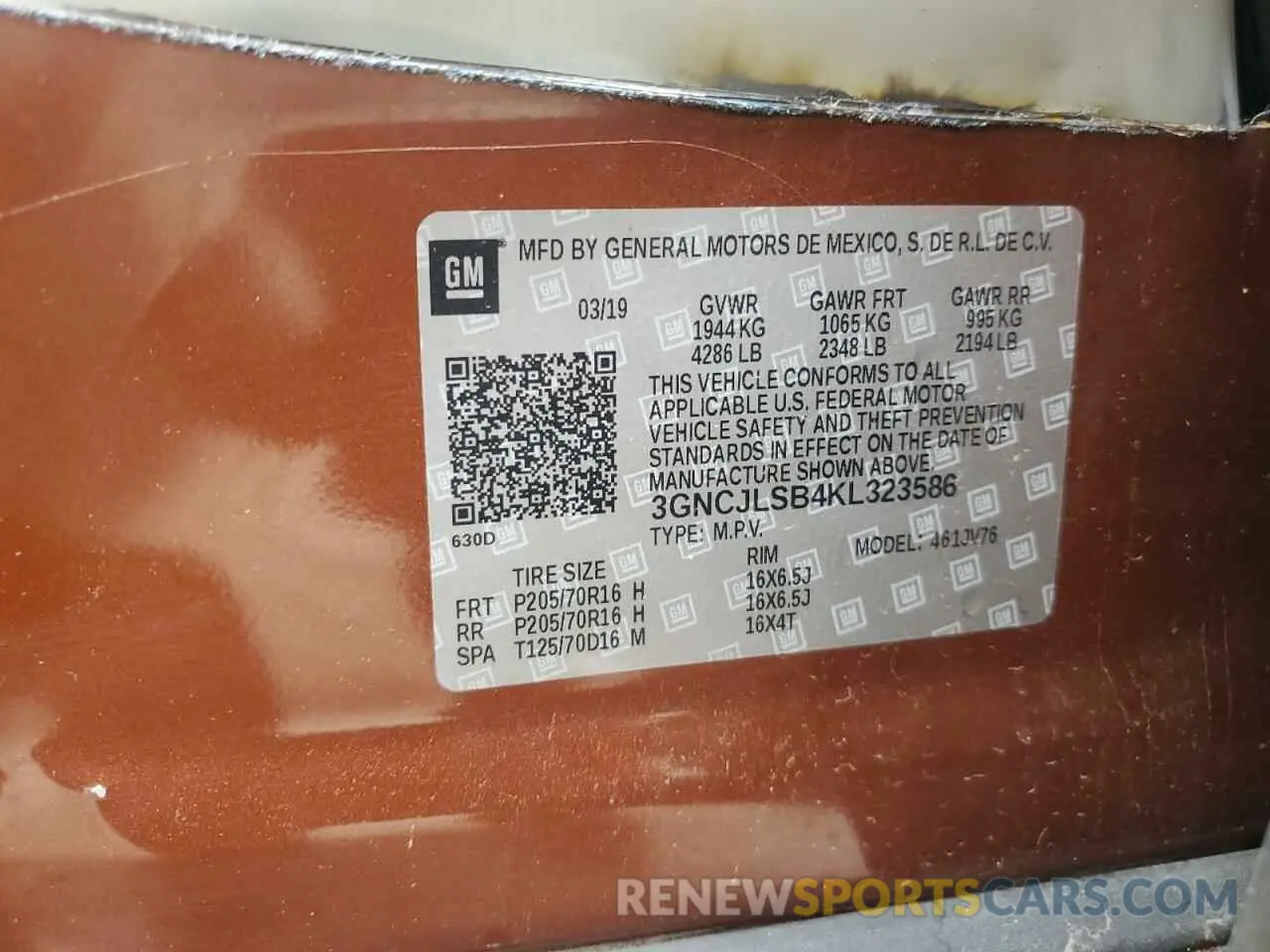 13 Photograph of a damaged car 3GNCJLSB4KL323586 CHEVROLET TRAX 2019