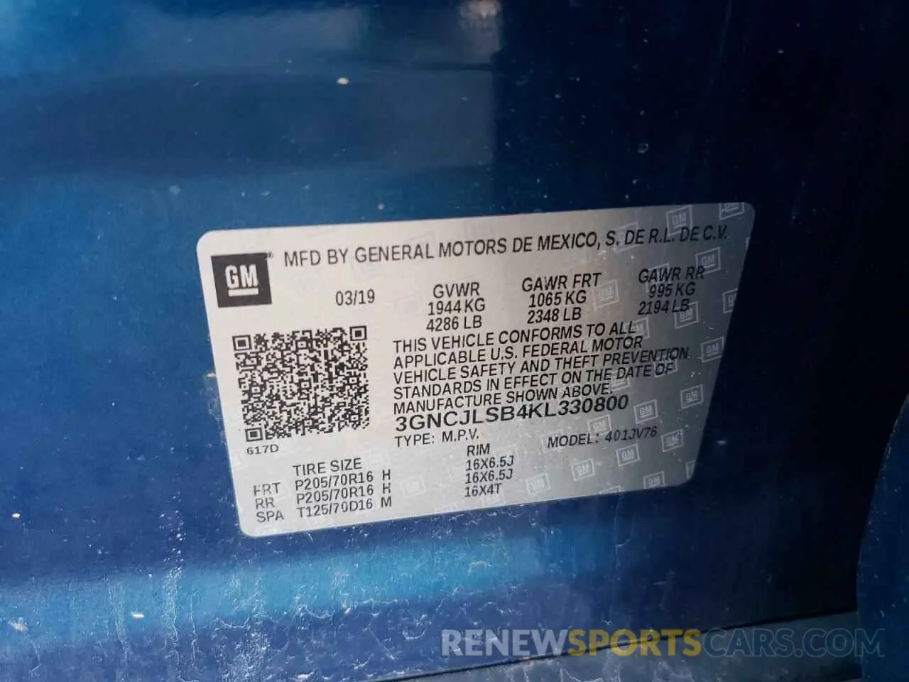 12 Фотография поврежденного автомобиля 3GNCJLSB4KL330800 CHEVROLET TRAX 2019