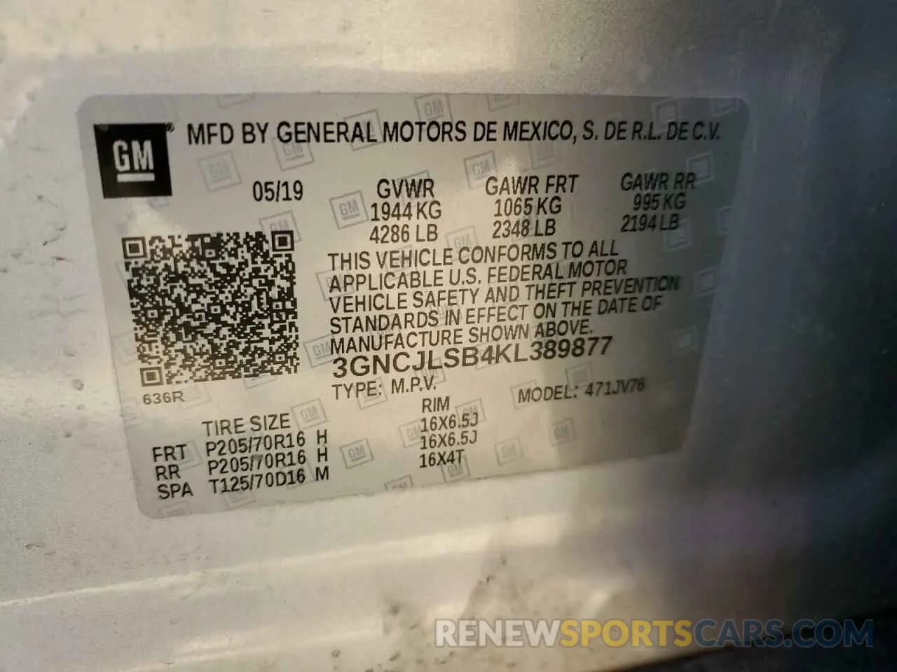 15 Photograph of a damaged car 3GNCJLSB4KL389877 CHEVROLET TRAX 2019