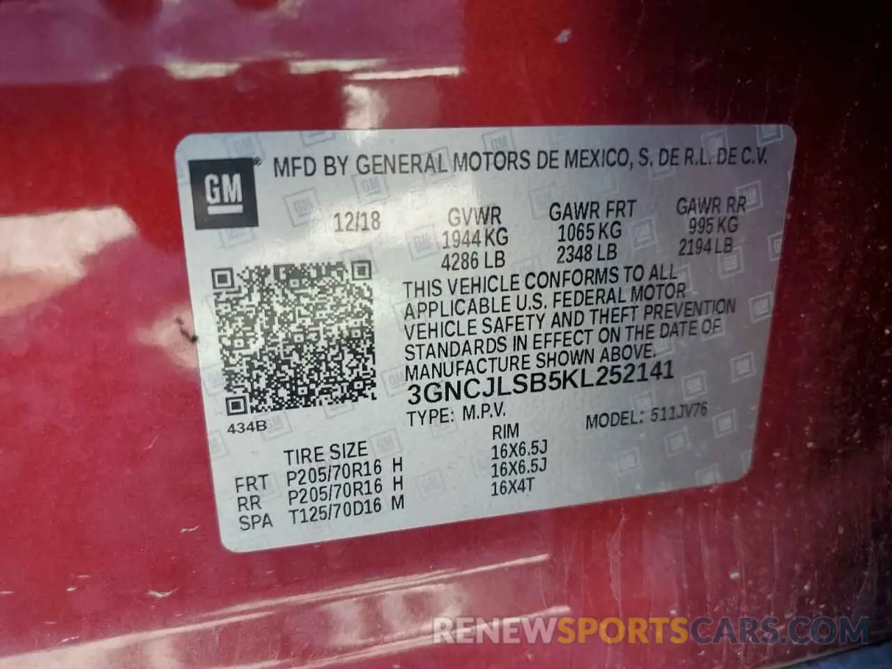 13 Фотография поврежденного автомобиля 3GNCJLSB5KL252141 CHEVROLET TRAX 2019