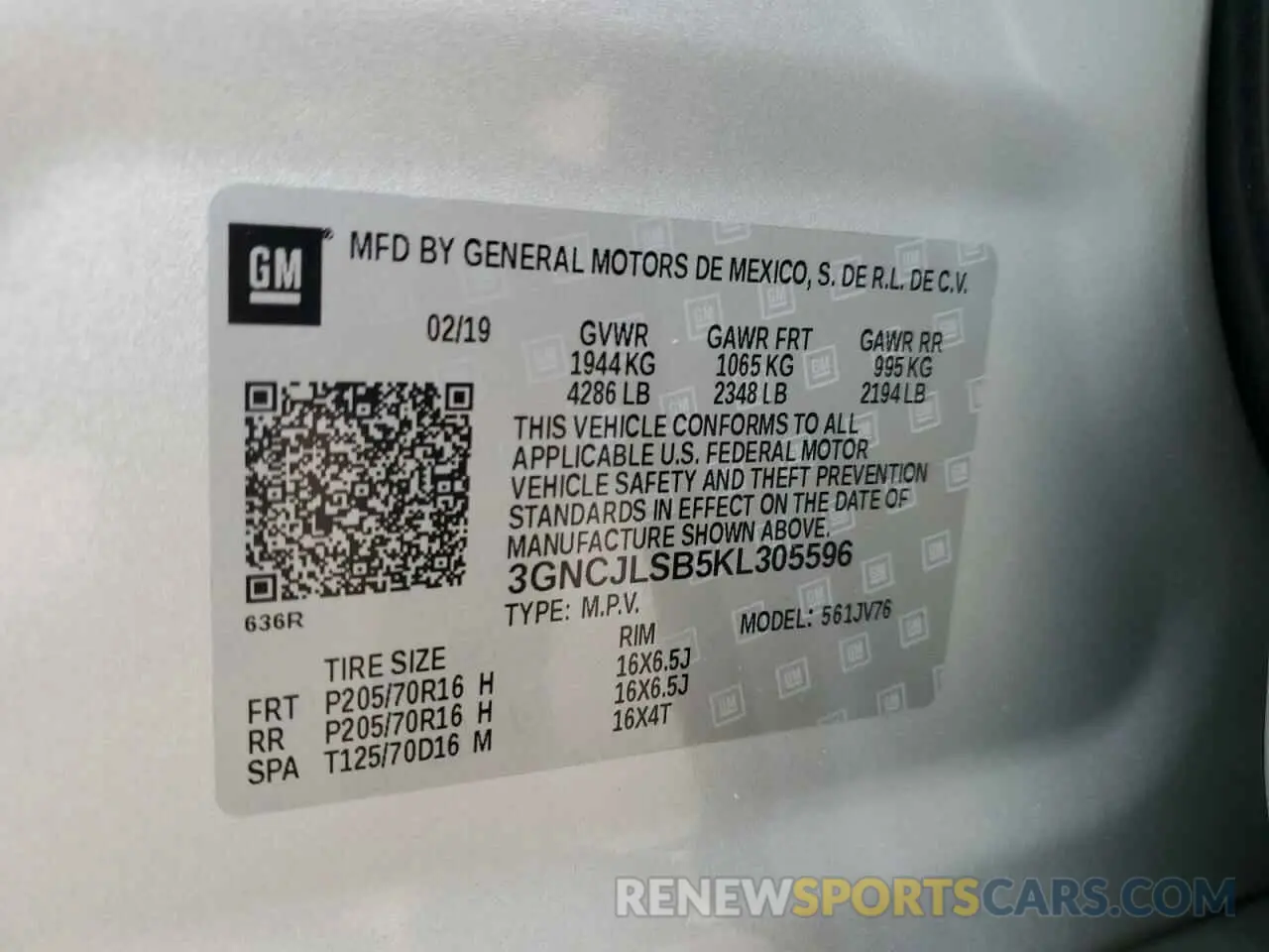 15 Фотография поврежденного автомобиля 3GNCJLSB5KL305596 CHEVROLET TRAX 2019