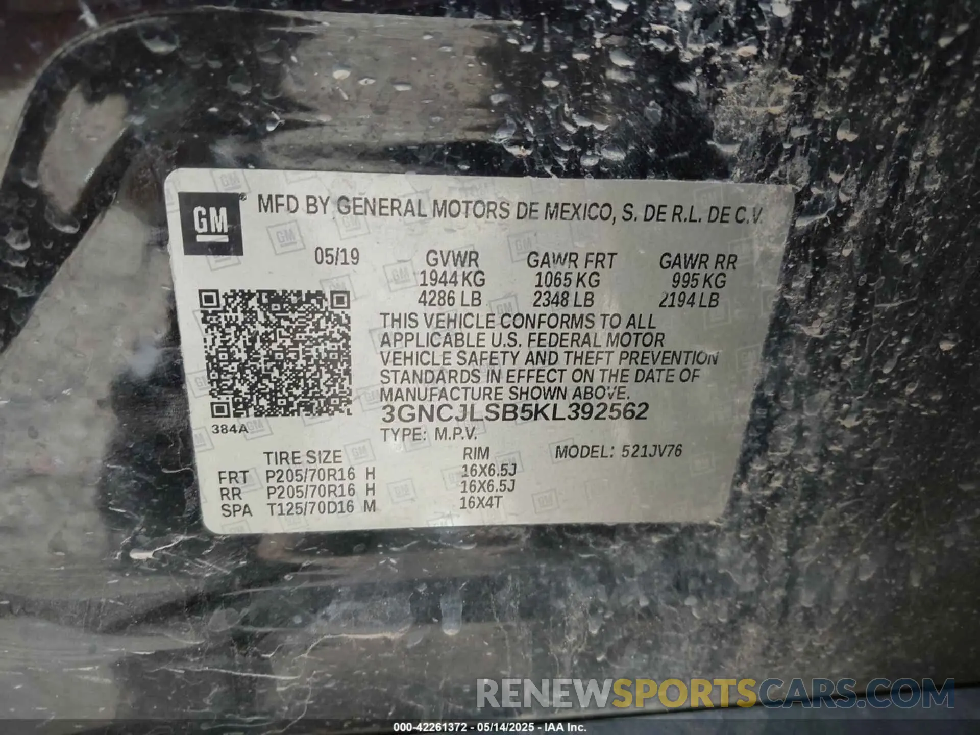 9 Фотография поврежденного автомобиля 3GNCJLSB5KL392562 CHEVROLET TRAX 2019