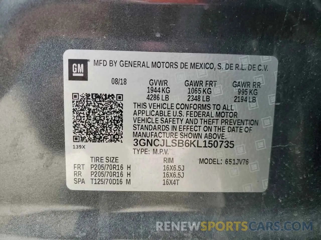 13 Photograph of a damaged car 3GNCJLSB6KL150735 CHEVROLET TRAX 2019