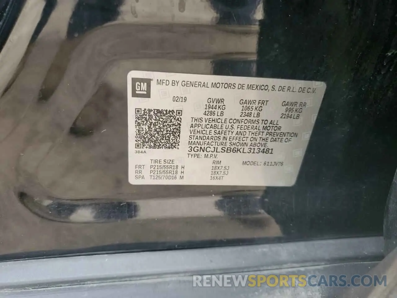 14 Photograph of a damaged car 3GNCJLSB6KL313481 CHEVROLET TRAX 2019