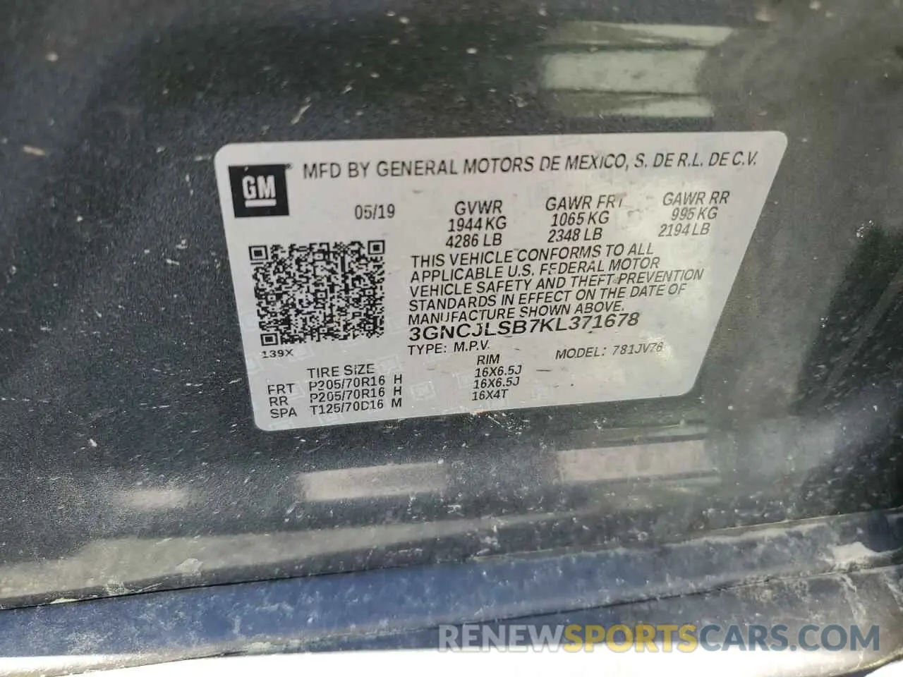 13 Фотография поврежденного автомобиля 3GNCJLSB7KL371678 CHEVROLET TRAX 2019