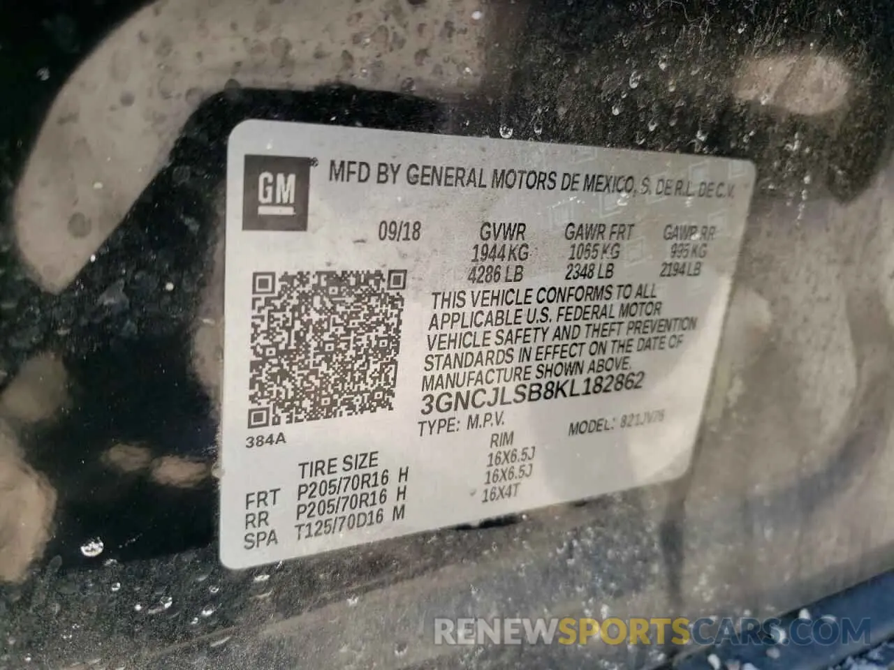 13 Photograph of a damaged car 3GNCJLSB8KL182862 CHEVROLET TRAX 2019