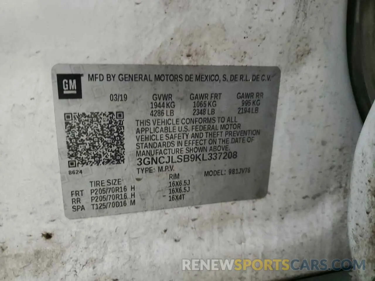 13 Photograph of a damaged car 3GNCJLSB9KL337208 CHEVROLET TRAX 2019