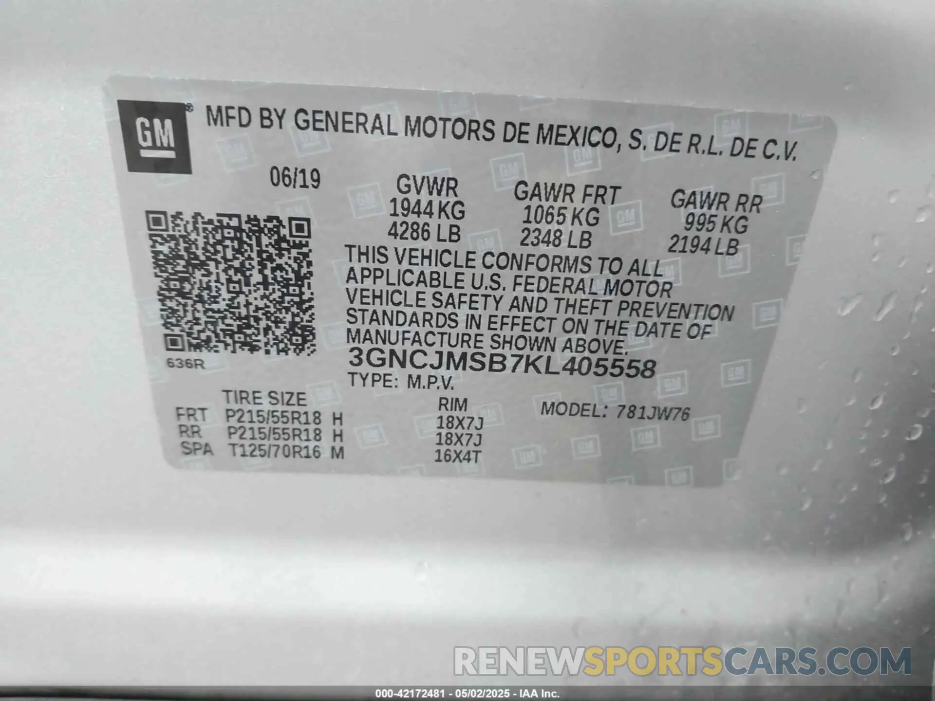 9 Фотография поврежденного автомобиля 3GNCJMSB7KL405558 CHEVROLET TRAX 2019