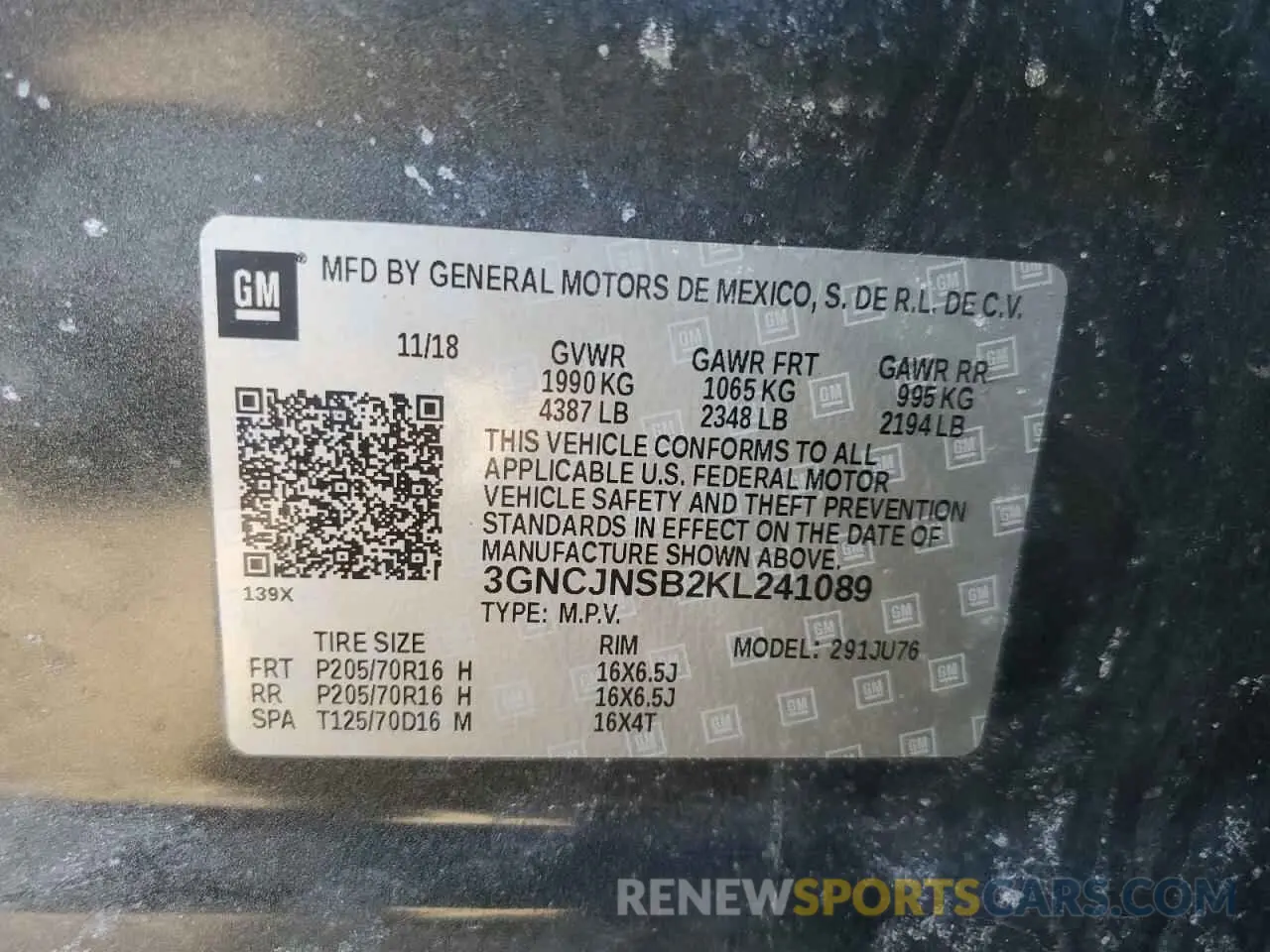 14 Photograph of a damaged car 3GNCJNSB2KL241089 CHEVROLET TRAX 2019