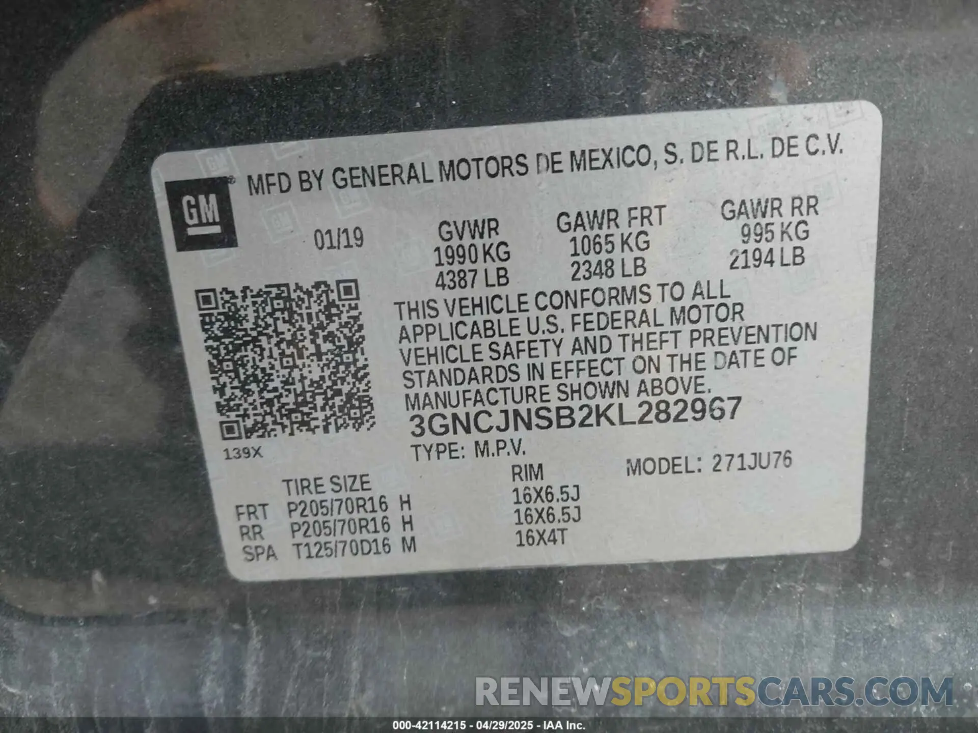 9 Фотография поврежденного автомобиля 3GNCJNSB2KL282967 CHEVROLET TRAX 2019